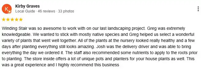 Customer testimonial from Highlands NC about Winding Stair Nursery